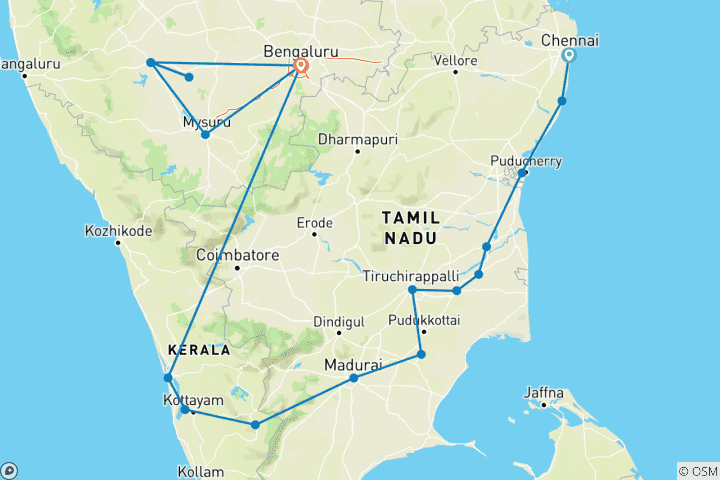 Carte du circuit Pleins feux sur l'Inde du Sud - Tamilnadu, Kerala et Karnataka