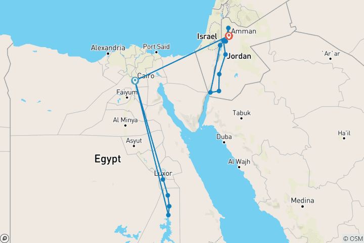 Kaart van Rondreis door Egypte & Jordanië - 15 dagen