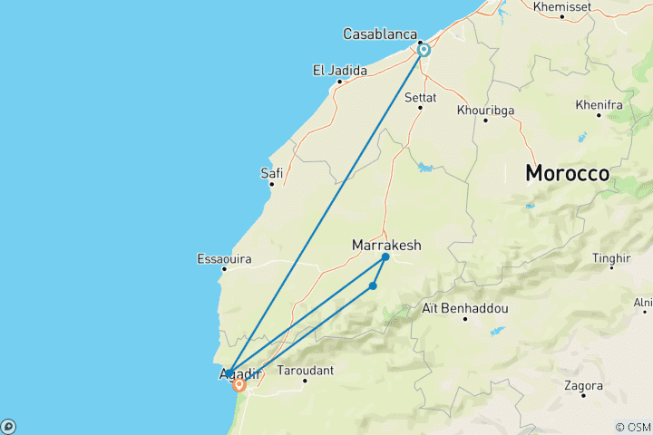 Carte du circuit 8 jours d'aventure de surf et de yoga au Maroc