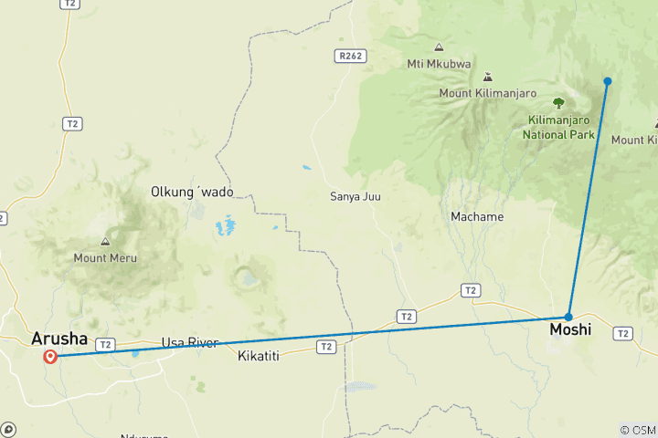 Map of 8 Days Lemosho Route + 2 Nights Hotel