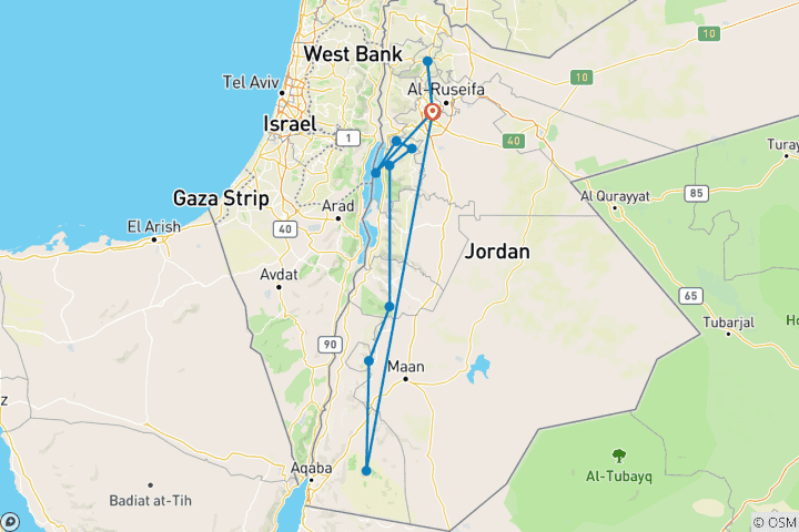 Map of Wellness and Relaxation Tour Between Ma'in Hot Springs & Petra