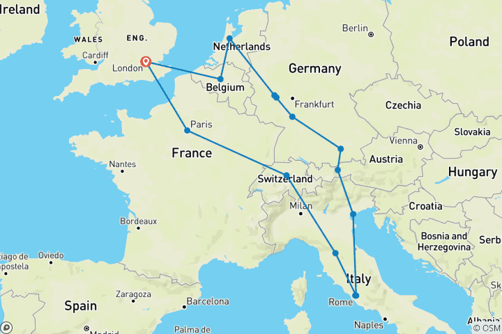 Kaart van Europese wervelwind - zomer - eindpunt Londen - 13 dagen