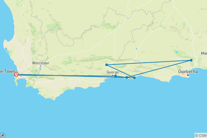 Map of Cape Town and Garden Route Adventure Tour