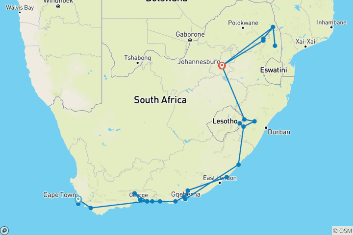 Mapa de Ciudad del Cabo a Parque Kruger y Lesoto Aventura Ida y Vuelta - 