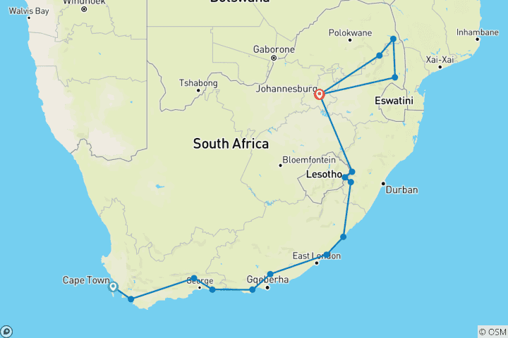 Kaart van Avontuurlijke rondreis van Kaapstad naar Krugerpark & Lesotho - "OVERLAND".