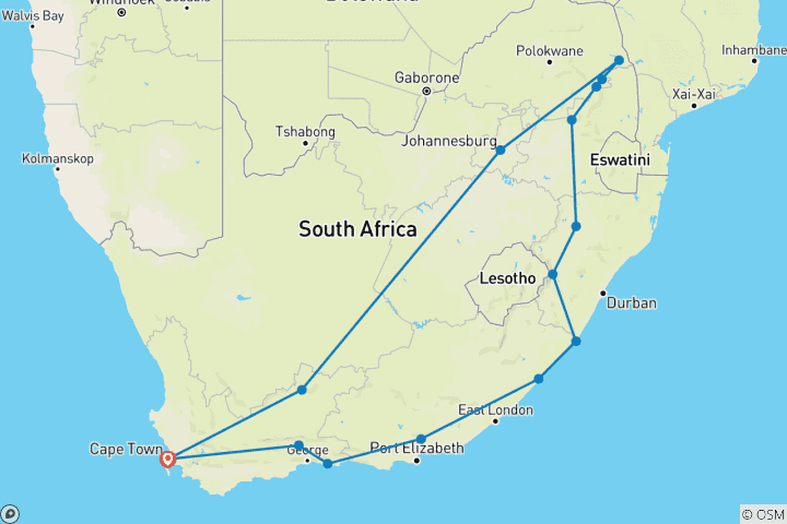 Map of Cape Town to Kruger Park & eSwatini Adventurous Round-trip -"OVERLAND"