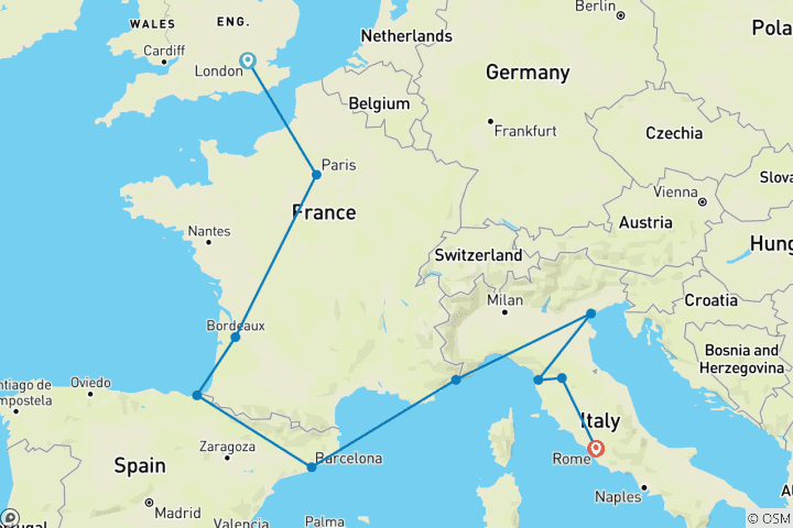 Carte du circuit Faites- vous connaître : Points forts de l'Europe centrale et méridionale