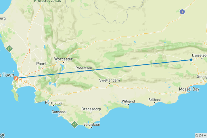 Map of 2 day South African Wildlife Safari Highlights Tour from Cape Town