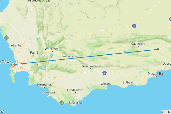 Map of 2 day South African Wildlife Safari Highlights Tour from Cape Town
