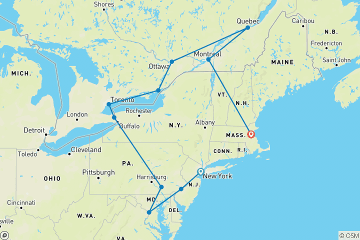 Carte du circuit Paysages de l'est du Canada et des États-Unis - 11 destinations