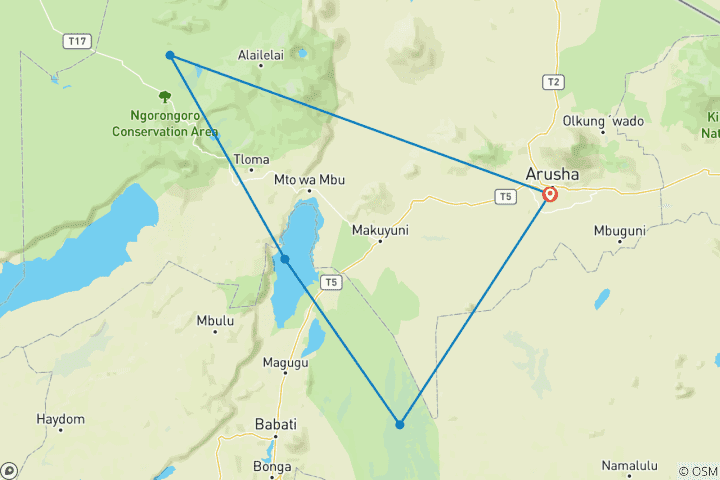 Map of 5 Day Tarangire – Manyara –Ngorongoro Safari