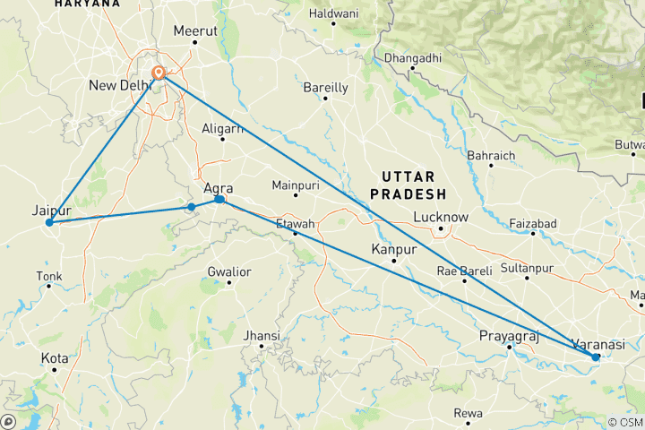 Map of Best of India: 7-Day Golden Triangle Tour with Delhi, Jaipur, Agra, & Varanasi via Superfast Train