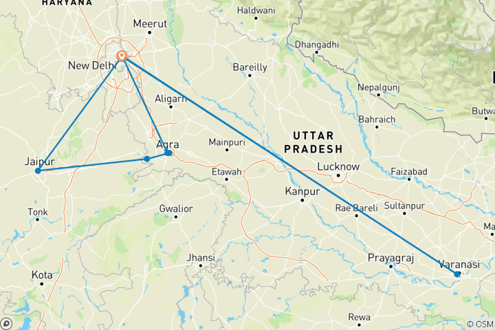 Carte du circuit Le meilleur de l'Inde : Circuit de 7 jours du Triangle d'Or avec Delhi, Jaipur, Agra et Varanasi avec vols tout compris