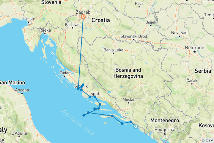 Carte du circuit Croatie et ses îles : croisière en petit bateau sur la côte adriatique (de Dubrovnik à Zagreb, 2027)