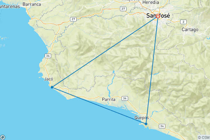 Carte du circuit Les meilleures plages et Treks dans la jungle du Costa Rica - pour les 21- 35 ans