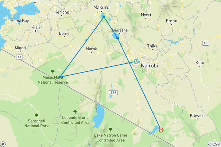 Carte du circuit 7 JOURS ET 6 NUITS DE SAFARI EN GROUPE À PRIX RÉDUIT DANS LES PARCS DE MAASAI MARA, DU LAC NAKURU, DE NAIVASHA ET D'AMBOSELI