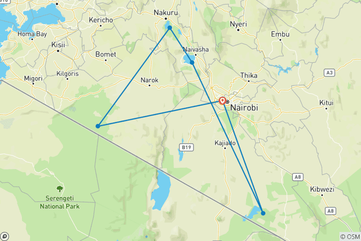 Mapa de Safari de 7 días y 6 noches a Masai Mara, el lago Nakuru, el lago Naivasha y Amboseli, con alojamiento de cortesía la primera noche en el hotel After 40 y recogida gratuita en el aeropuerto.