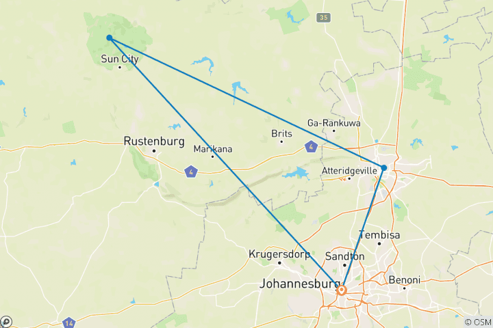 Map of Cradle of Human Kind, Sun City & Pilanesberg Game Reserve Tour