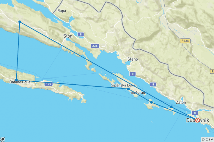 Carte du circuit Aventure à Dubrovnik avec le Catamaran Huck Finn