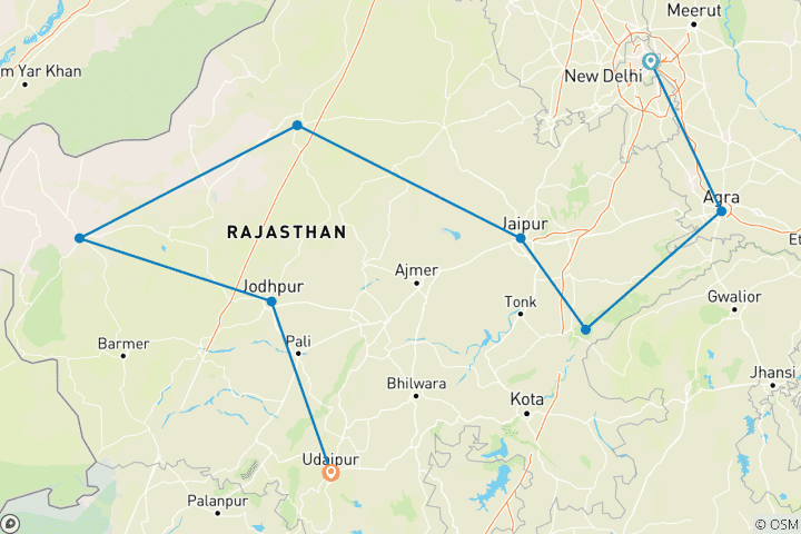 Carte du circuit Essence du Rajasthan avec safari tigre - 11 jours
