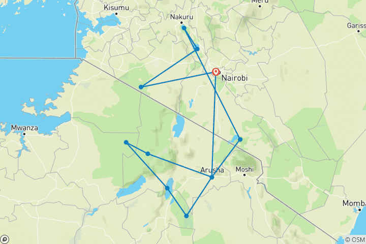 Karte von Kenia und Tansania Überland Safari - 14 Tage