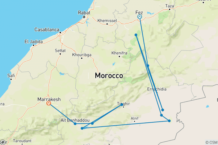 Mapa de 4 Días 3 Noches Aventura en el Desierto de Fez a Marrakech