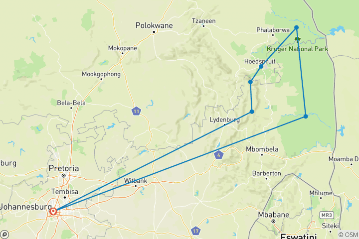 Carte du circuit Safari de travail/conférence dans des lodges de luxe du bush, Parc National de Kruger et Route du Panorama