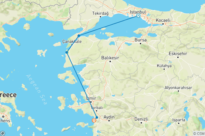 Kaart van 6-daagse rondreis langs de oude wonderen van Turkije