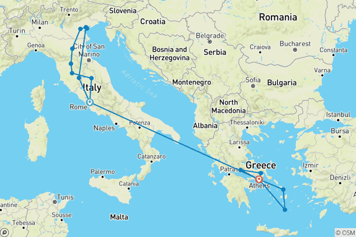 Map of Italy and Greece Highlights with Island Hopping