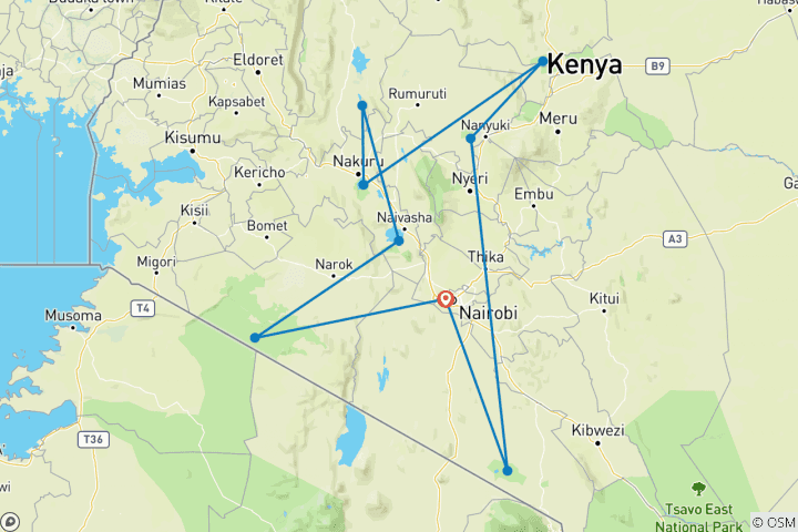 Mapa de Safari completo de diez días por Kenia