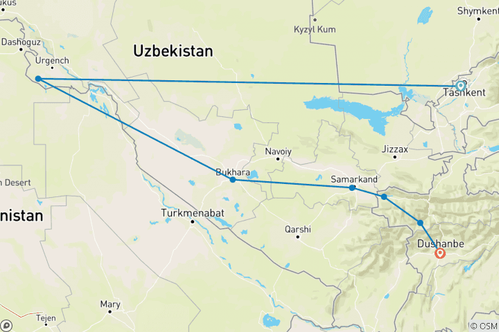 Kaart van Oezbekistan & Tadzjikistan Wonderen 11-daagse tour