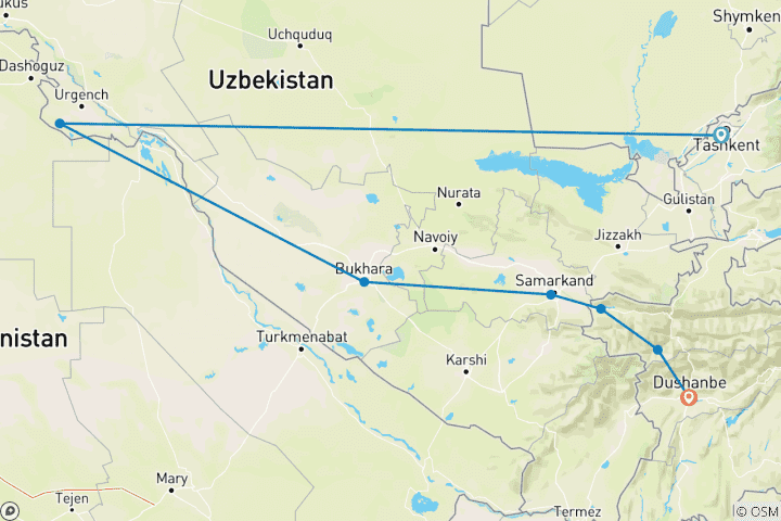 Carte du circuit Circuit de 11 jours des Merveilles de l'Ouzbékistan et du Tadjikistan