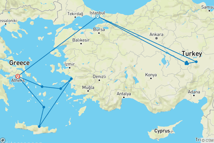 Map of Turkey and Greece with 3-day cruise (small group)