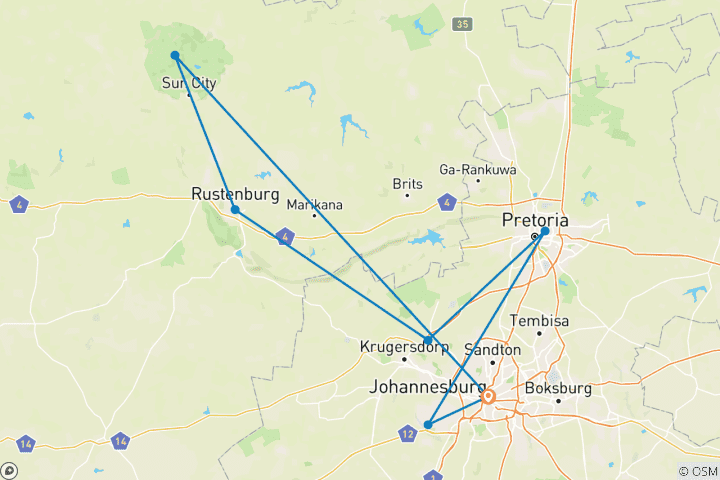 Map of Soweto to Pretoria & Pilanesberg Big 5 Game Drive