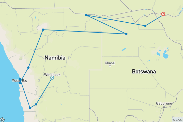 Map of Etosha, Okavango & Chobe - 14 days