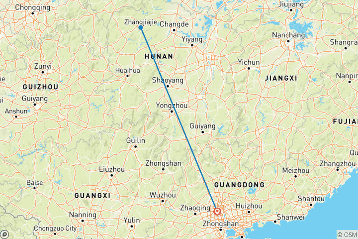 Map of 4-Day Tour to Zhangjiajie and Fenghuang Old Town from Guangzhou by Bullet Train and Flight