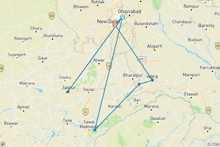 Mapa de Desde Delhi: circuito privado al triángulo de oro con Ranthambore