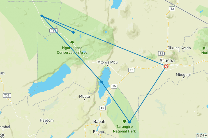 Map of Six Day Tanzania Culture and Wildlife Safari