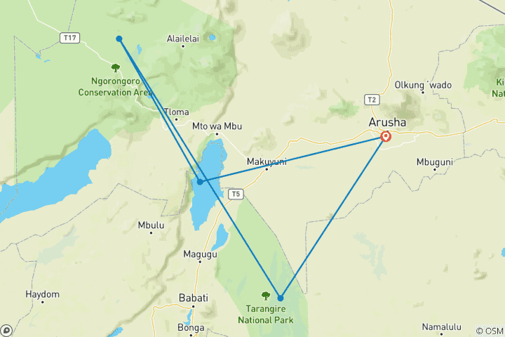 Map of 3 days Lodging  Safari -Tarangire Lake Manyara & Ngorongoro crater