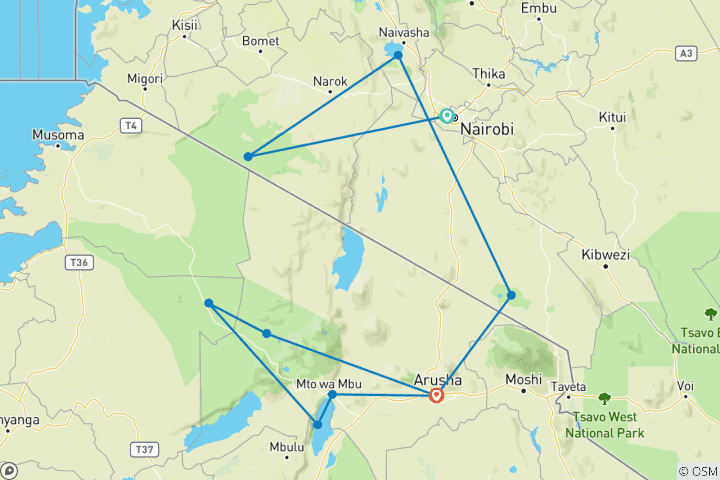 Carte du circuit Neuf jours de safari extraordinaire au Kenya et en Tanzanie