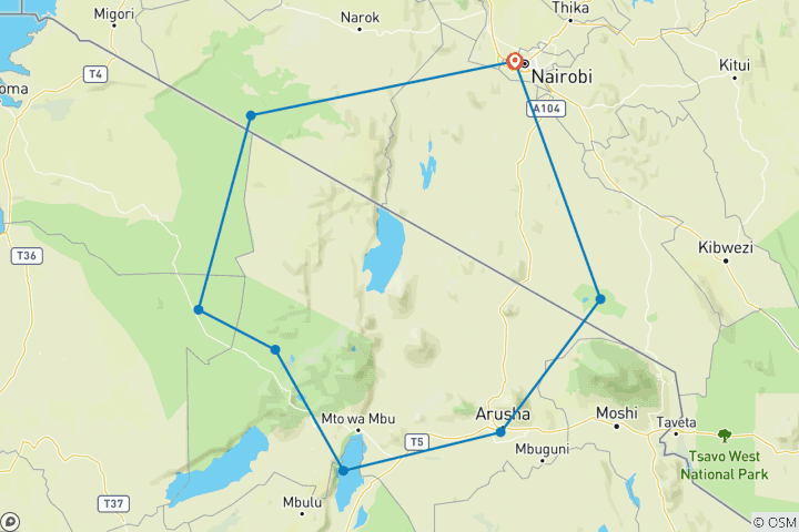 Carte du circuit Onze jours de safari circulaire en lodge au Kenya et en Tanzanie