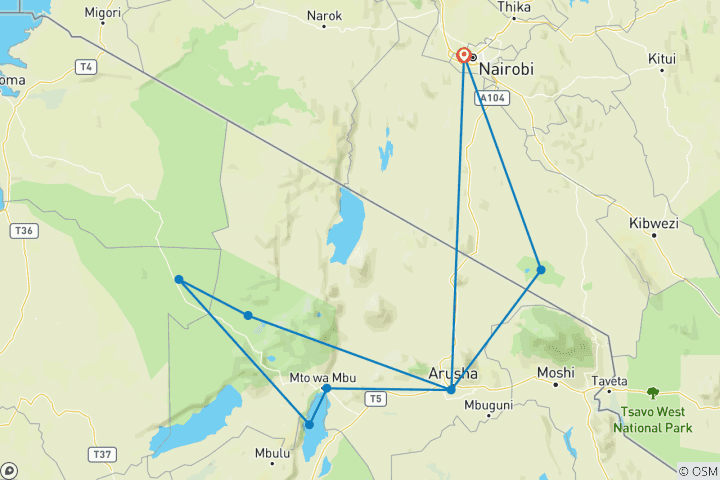 Map of Eight Day Kenya and Tanzania Round Trip Budget Safari