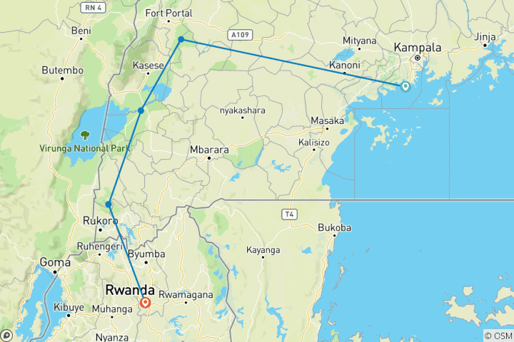 Mapa de 4 Días de Safari en coche y Aventura con Gorilas.