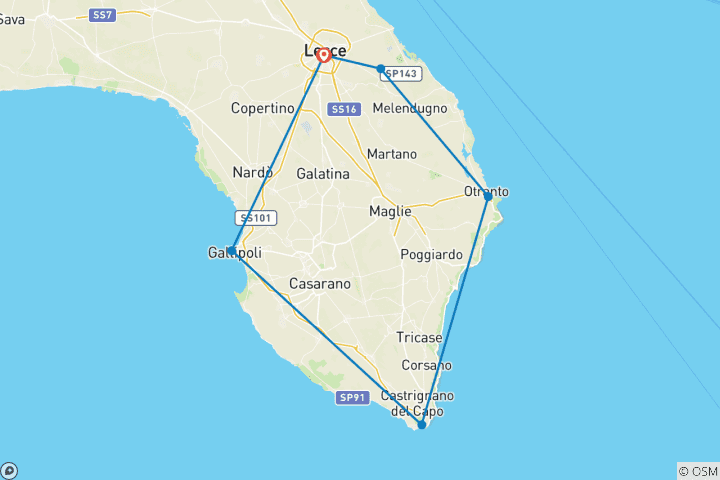 Map of Puglia coast to coast, a cycling holidays across SALENTO from the Ionian to the Adriatic sea