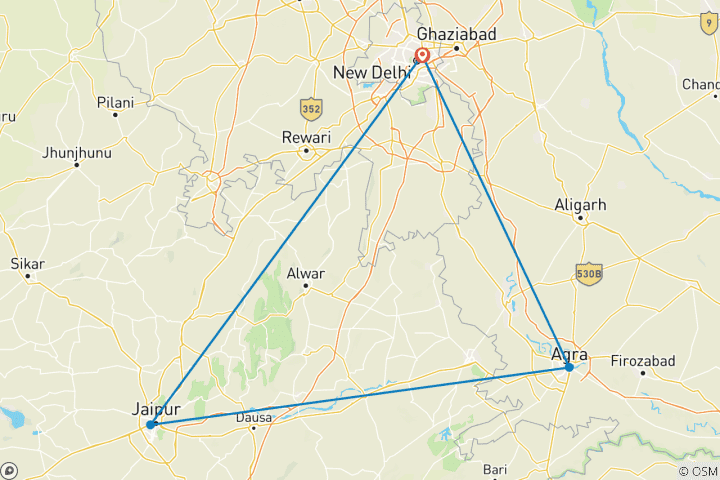 Karte von 4-tägige Tour durch das Goldene Dreieck mit 4-Sterne-Hotels: Delhi, Agra & Jaipur