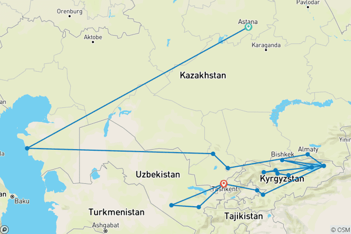 Map of Astana to Tashkent