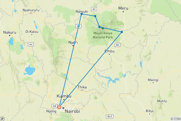 Map of 7 Days Mount Kenya Technical climb to Nelion Batian Peaks