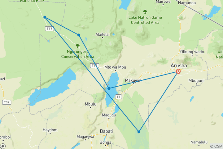 Mapa de Safari de campamento económico de 5 días en Tanzania