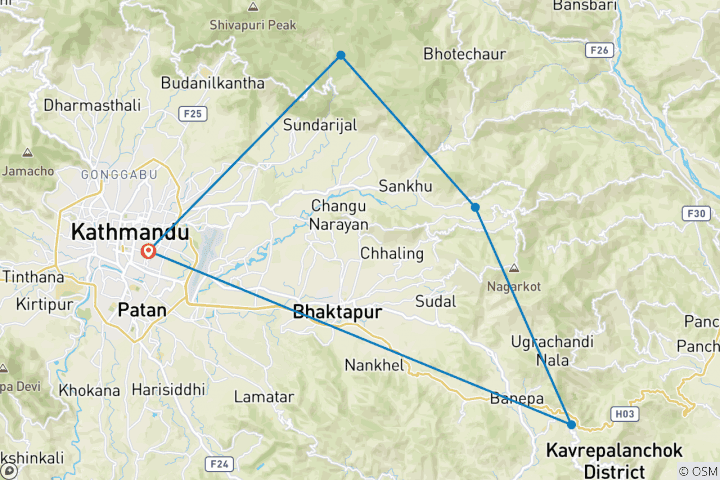 Mapa de Circuito de senderismo fácil de 4 días por Nepal - Chisapani - Nagarkot - Dhulikhel