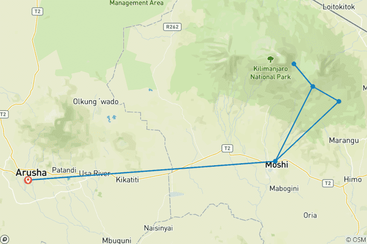 Map of 7 Days Tanzania Mount Kilimanjaro Trek using Marangu Route